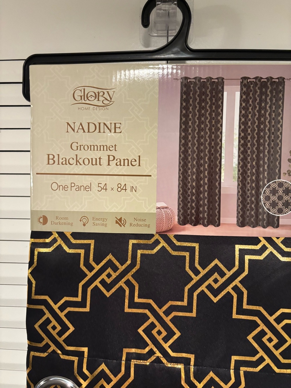 1 pair of GLO jeans Black and Gold Geometric Grommet Blackout Curtain Panel